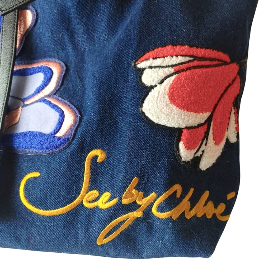 See By Chloe Denim Floral Embroidery Shoulder Tote Bag - Picture 13 of 16